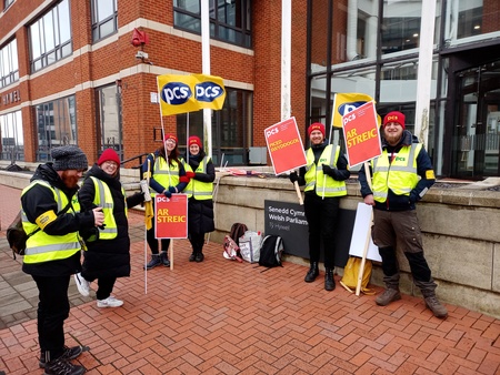 Strikers outside the Senned in Cardiff